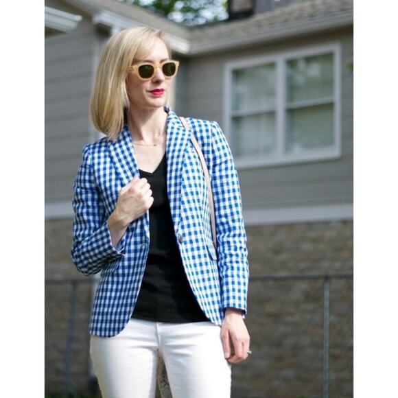 J.Crew Campbell Linen Blazer‎ Size 4 Gingham Blue Casual Office Career Preppy - Picture 15 of 16